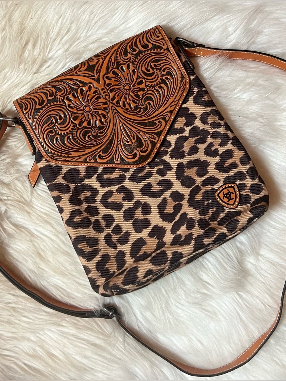 Ariat- Leopard Print Crossbody Bag with Tooled Leather Flap